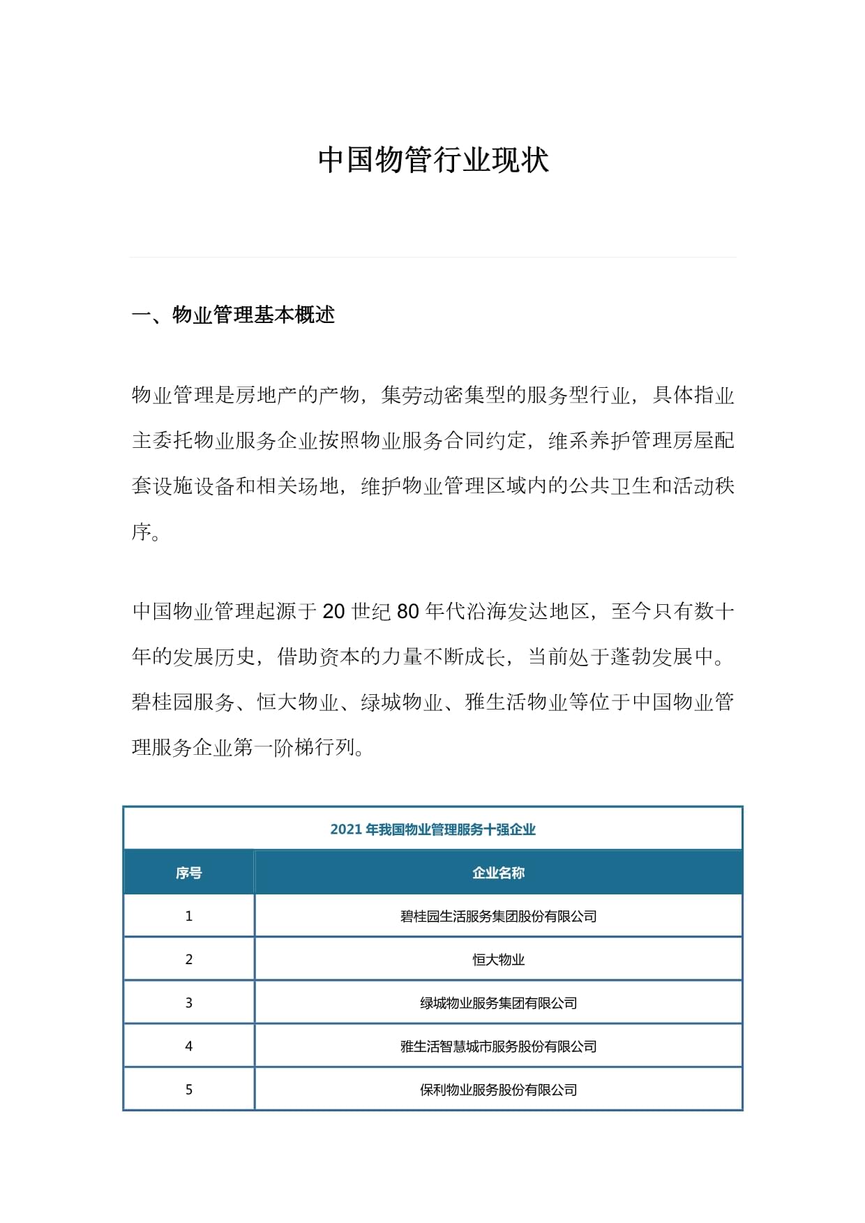 中國物管行業現狀